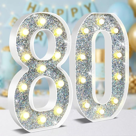 12.6 Inch LED Silver Marquee Light Up Numbers, 80th Birthday Decorations Number Lights as Gifts for Women Men, Glitter Lighted Marquee Numbers for Silver Anniversary Party Table Decor, 80