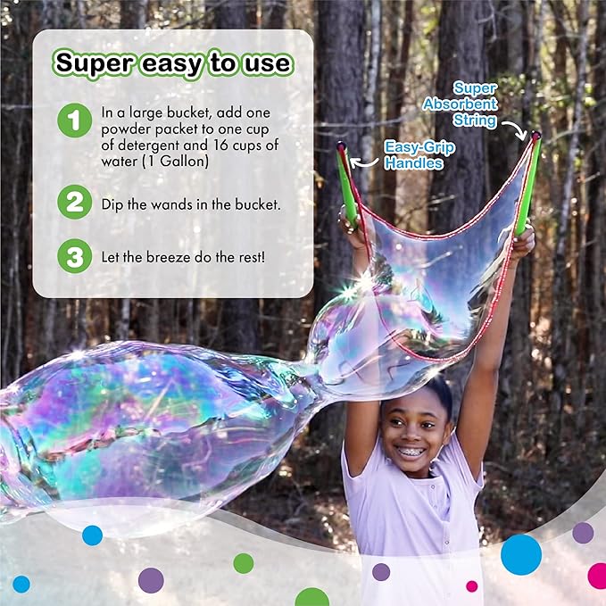 WOWmazing Mega Value Big Bubble Kit: 2 Large Bubble Wands 6-Pack of Big Bubble Powder (Makes 6 Gallons) | Outdoor Toy for Kids, Boys, Girls | Powder Made in USA