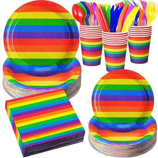 400 Pcs Rainbow Pride Paper Plates Napkins Cups Set, Rainbow Party Supplies Decorations Serve 50 Guests, Gay Pride Disposable Tableware Set