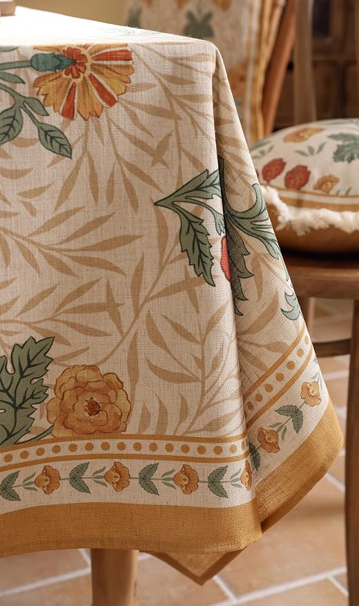 patdrea Vintage Linen Tablecloth,Rectangular,102"x63"-RosaSilvestre A | French Heavyweight Large Table Cloth for Rectangle Table,Yellow Floral Patterned,Dining Room Kitchen Tea Party Decor