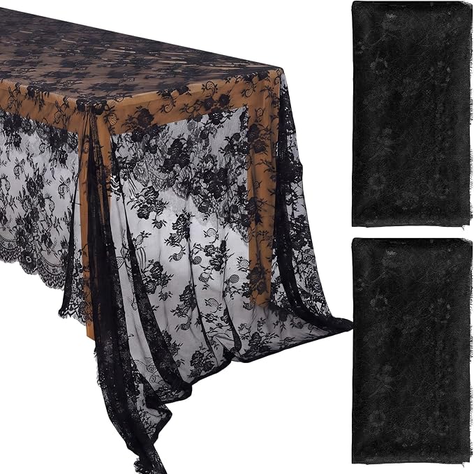 Honeydak 2 Pcs Lace Tablecloth Rectangular 60 x 120 Inch Wedding Rustic Tablecloth Overlay Rose Vintage Embroidered Wedding Reception Party Table Cover Decorations for Bridal Tea Party (Black)