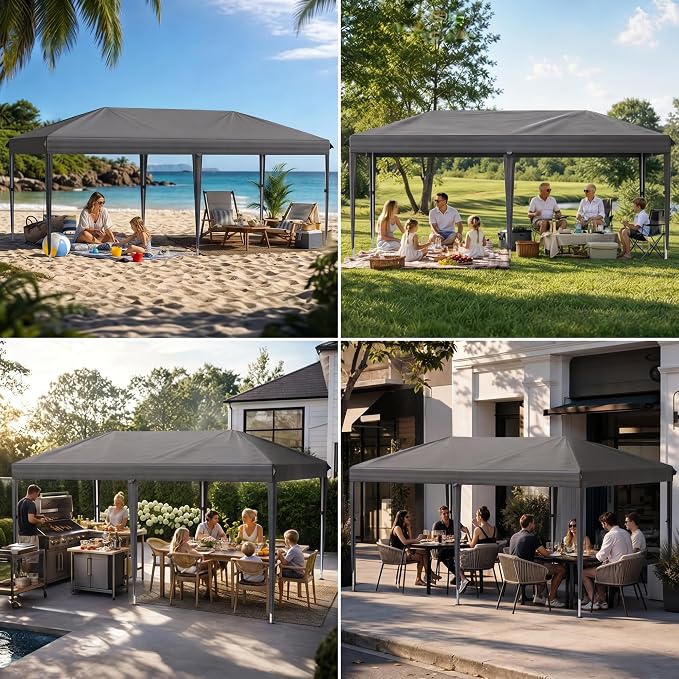 10x20 Pop Up Canopy Without Sidewalls, Instant Tent with Carry Bag, Sandbags, Height Adjustable Waterproof Outdoor Canopy, Outdoor Canopy for Events, Camping, Parties (Grey)
