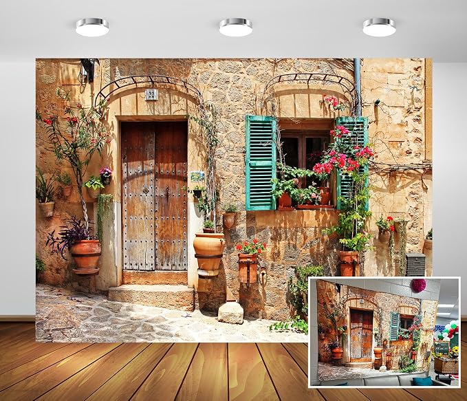 15x8ft Fabric Italy Street Backdrop Tuscany Medieval Town Street Stone Wall Window Photography Background for Italian Theme Party Decorations Wedding Birthday Photo Booth Props