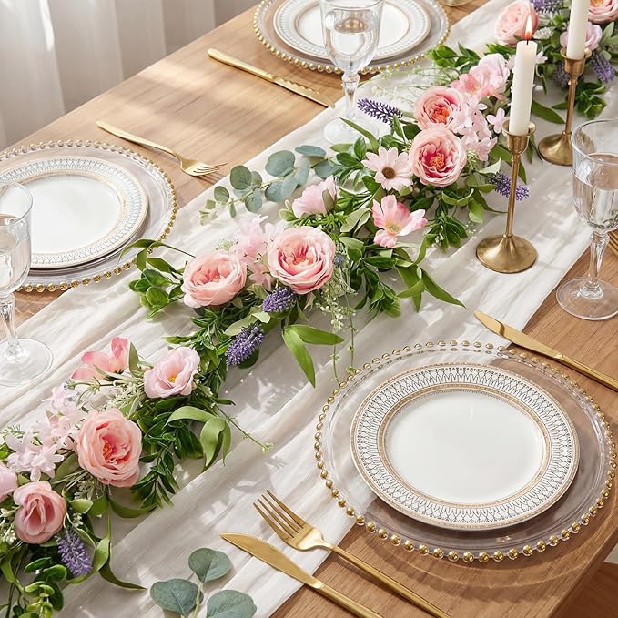 Giegxin 1 Pack 6 ft Artificial Flower Garland with Rose and Daisy Flower Pink Fake Wisteria Vines Summer Greenery Eucalyptus Garland for Wedding Mantle Porch Stair Table Indoor Decor
