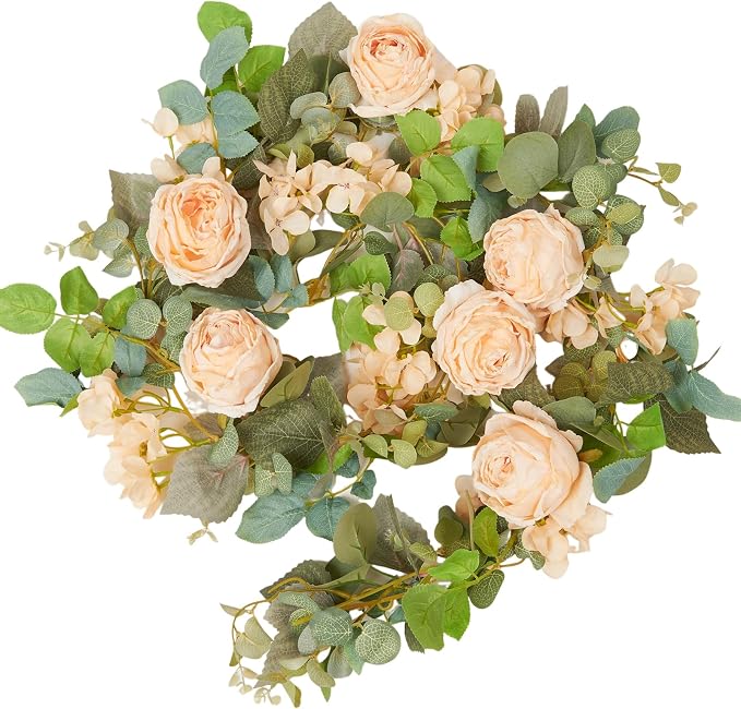 PONKING Flower Garland Artificial Rose & Hydrangea Vine Hanging Fake Flowers Vines for Wedding Birthday Party Valentines Christmas Room Wall Arch Decor, 1 Rose & 1 Hydrangea Champagne Floral Garland