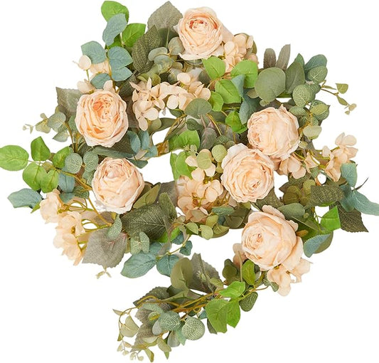 PONKING Flower Garland Artificial Rose & Hydrangea Vine Hanging Fake Flowers Vines for Wedding Birthday Party Valentines Christmas Room Wall Arch Decor, 1 Rose & 1 Hydrangea Champagne Floral Garland