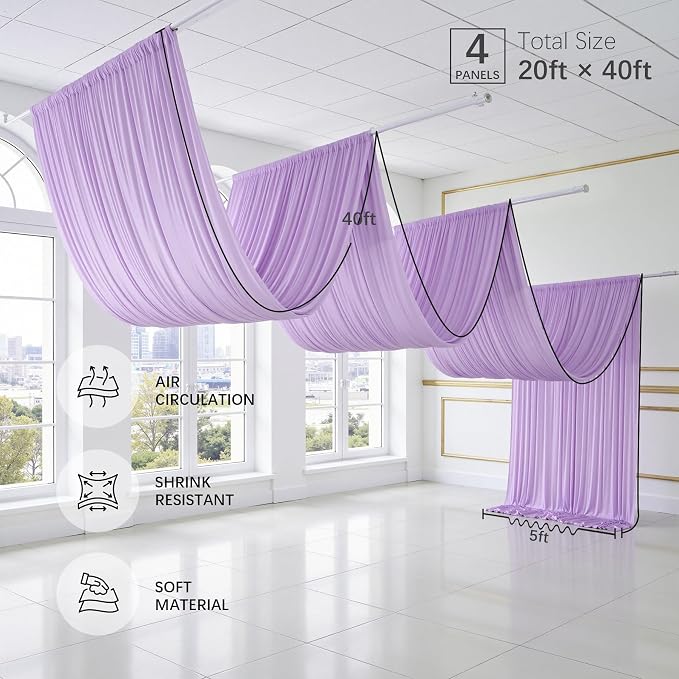 20ftx40ft Taro Purple Ceiling Curtain for Wedding Parties – 4 Panels Wrinkle-Free 40 FT Long Tent Draping Curtains for Wedding, Birthday & Theme Parties, 40ft Height with Rod Pocket