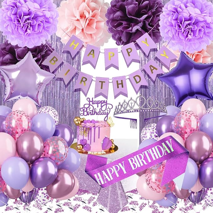 Birthday Decorations Set, Purple Party Decoration with Purple Balloons, Banner, Pom Poms, Fringe Curtain Background, Birthday Crown, Shoulder Strap for Girls Women Party Supplies