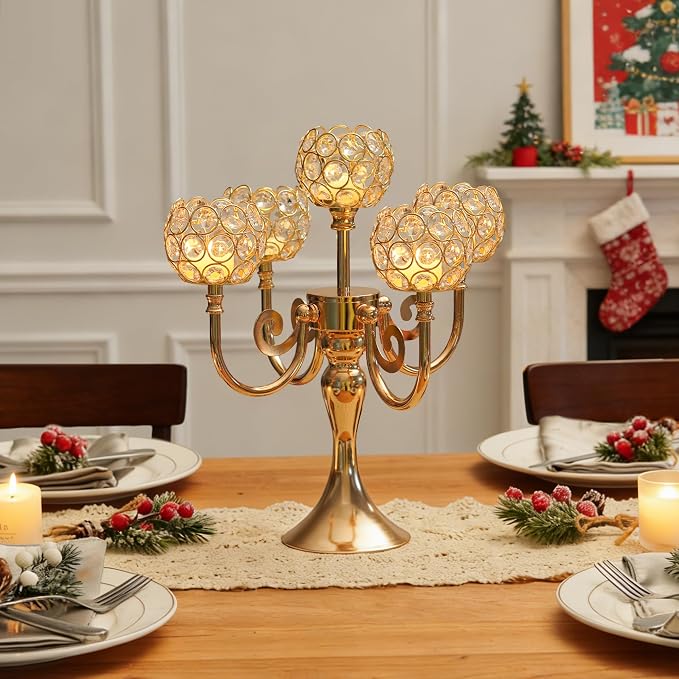 5 Arm Metal Crystal Candelabra Centerpiece - 13.4 Inch Elegant Candle Holder with Crystal Beads for Wedding Party Christmas Home Dining Table Decoration (4, Gold)