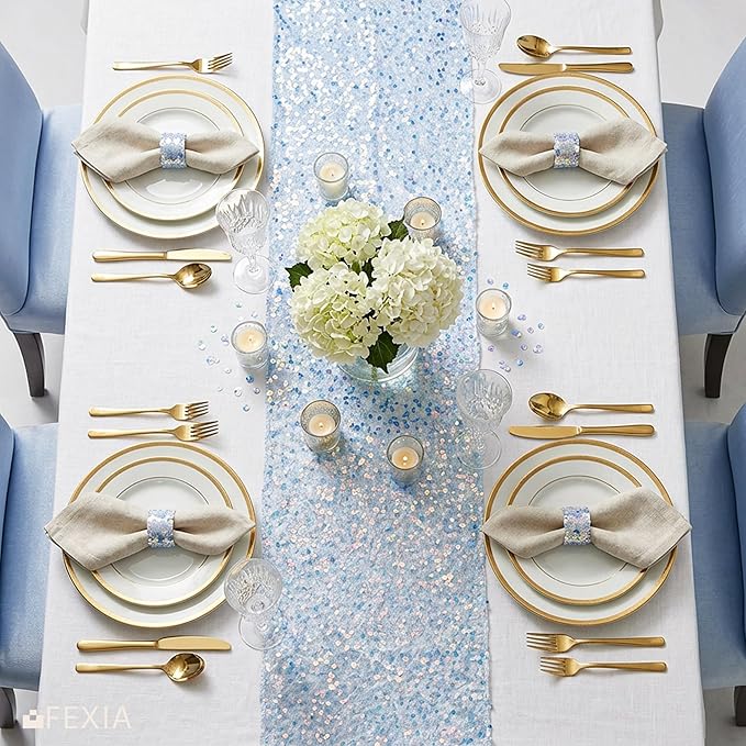 FEXIA Blue Sequin Table Runner 11 x 72 Inches, Sparkly Royal Blue Table Decoration for Wedding, Baby Shower Graduation Party Birthday, Ocean Theme Party, Shimmer Decor for Dining Table, Bridal Shower