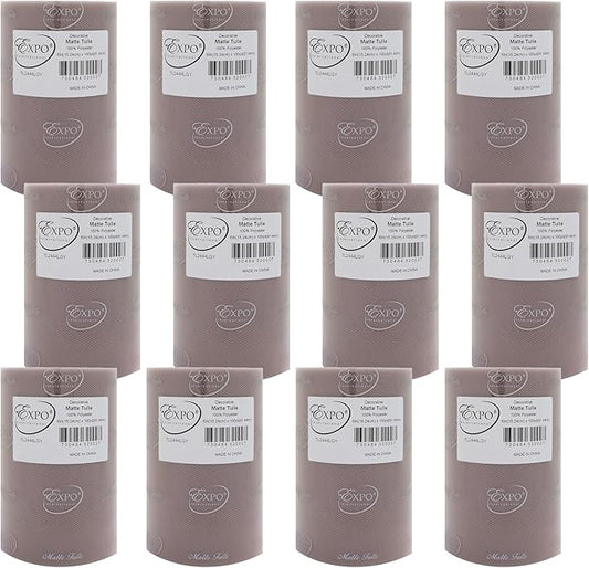Expo International Decorative Matte Tulle, Roll/Spool of 6” X 100 Yards, Lightweight Polyester Tulle Fabric for Tutus, Costumes, and Party Decorations, Washable, Easy-to-Use, Pack of 12, Light Gray