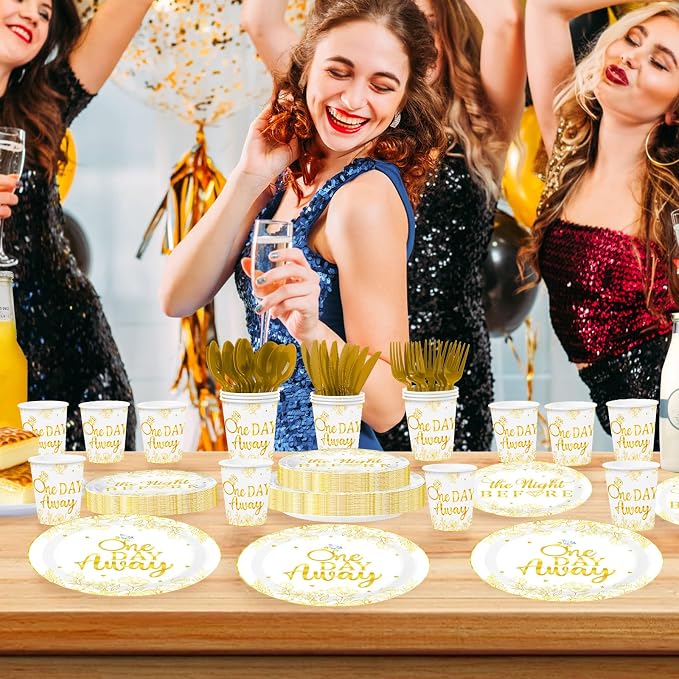 168 Pcs One Day Away Rehearsal Dinner Decorations The Night Before Wedding Plates Napkins Cups Forks Knives Spoons White Gold Diamond Ring Tableware Set for Wedding Rehearsal Party Supplies Serves 24