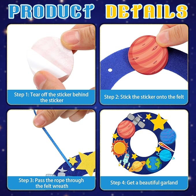 Sureio 32 Sets Space Craft Kits Solar System Project Kits DIY Wreath Craft Outer Space Arts Birthday Party Decoration with Planet Spaceship Rocket Astronaut Star Stickers for Party Favor Supplies