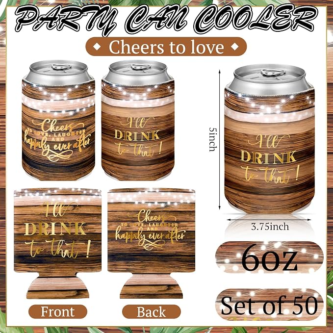SiliFine 101 Pcs Wood Grain Wedding Can Cooler Bulk Engagement Party Favors for 100 Guests Cheers to Love Laughter, and I'll Drink Can Cooler with Wooden Wedding Table Sign Bridal Shower Favor