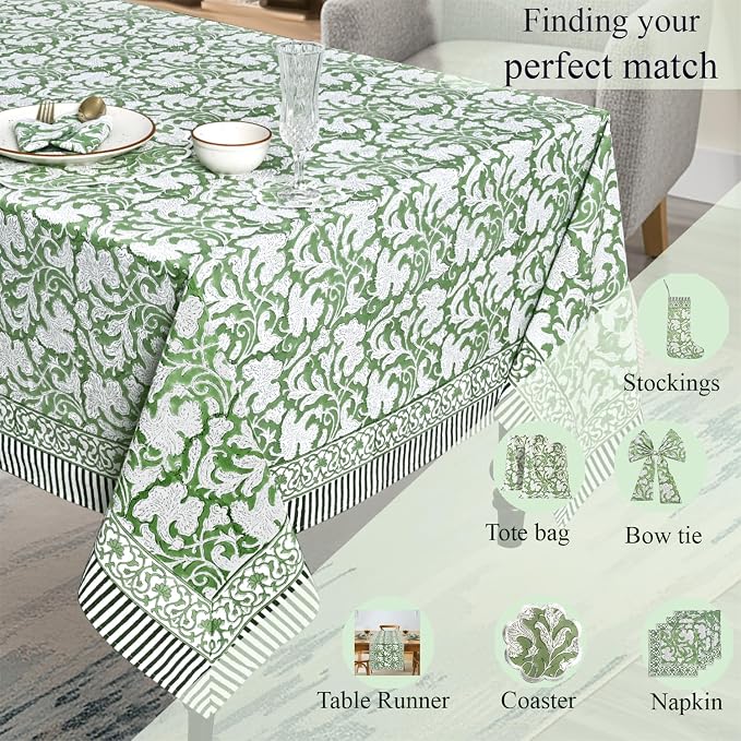 Ridhi Sage Green Hand Block Print Cotton Rectangle Tablecloth 102" x 48" inches Reusable Table Cover Decorative Everyday Use for Dining Room, Farmhouse, Home Gift for Spring, Mother's Day