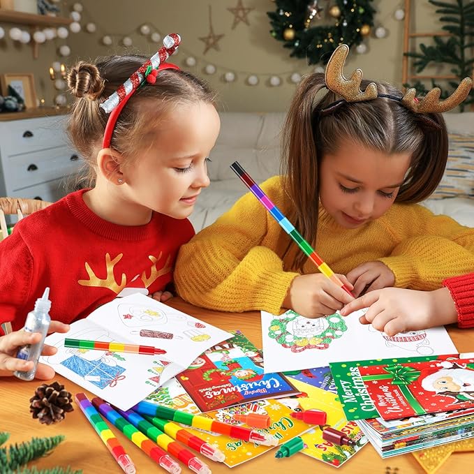 BenLouis 24 Christmas Mini Coloring Books Kids with 24 Stacking Crayons Xmas Theme Party Favors Activity Books Bulk for Kids Holiday Birthday Goodie Bag Gift Stuffer Classroom Reward
