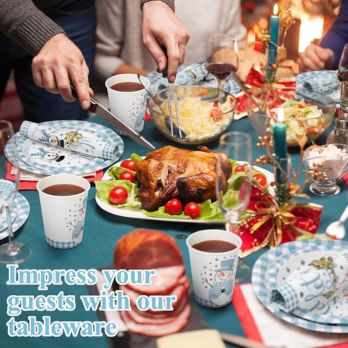 Funnymoom 250 Pcs Winter Snowman Paper Plates and Napkins Party Supplies Blue White Buffalo Plaid Winter Disposable Tableware Set for Christmas Holiday Party Decoration