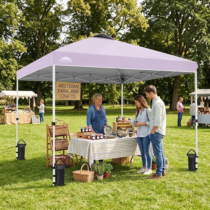 EAGLE PEAK Pop Up Canopy Tent with Wheeled Carry Bag, 8 Stakes, 4 Ropes, 4 Weight Bags, Easy Set Up Tent Canopy, 10x10 ft, 100sqft of Shade, Lilac