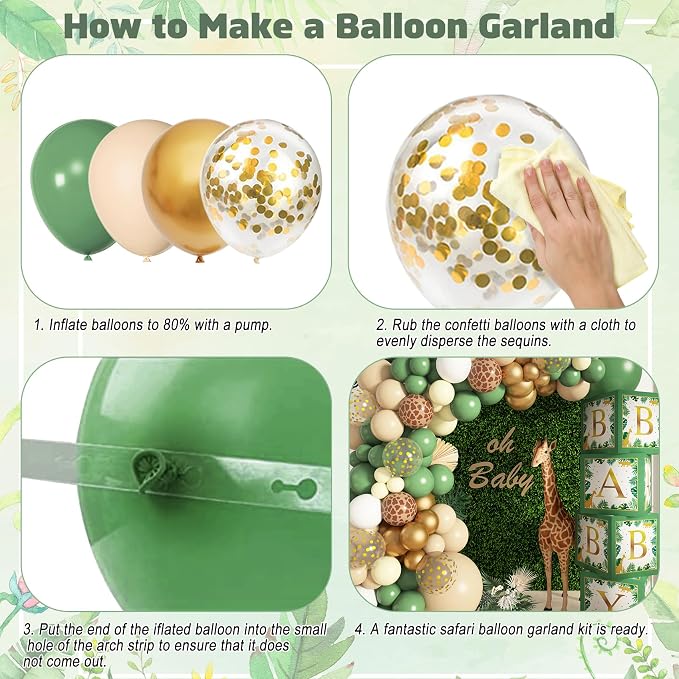 Baby Boxes Safari Jungle Baby Shower Decorations for Boy Girl, Safari Balloons Garland Arch Kit with 4Pcs Sage Green Animal Baby Boxes Nude Giraffe Print Balloons for Wild One Birthday Party Supplies
