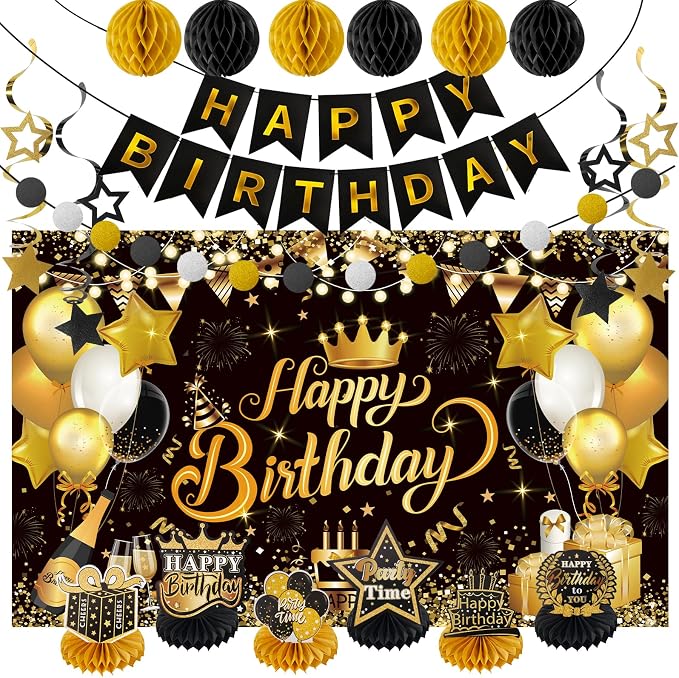 Happy Birthday Party Decoration Set: Including Birthday Banner Backdrop, Party Table Centerpieces and Hanging Swirl Party Streamers, Birthday Decor Suppliers for Men and Women (Black and Gold, Birthday Party)