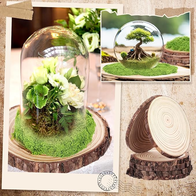 Nuanchu 14 Pack Wood Table Centerpieces with Rustic Wood Slices and Artificial Fake Green Moss for Wooden Fairy Wedding Woodland Table Decor Ideal DIY Crafts (4. 7-5. 5'')