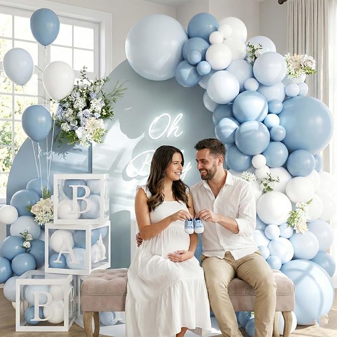 148Pcs Dusty Blue Baby Shower Decorations for Boy - Boho Balloon Arch Garland Kit with 4 Baby Boxes - Matte Blue Sand White Balloons for Gender Reveal Backdrop, 1st Birthday Party