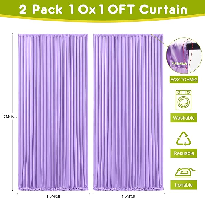 Wokceer Lavender Purple Backdrop Curtain for Wedding Parties 2 Pack 10x10FT Wedding Curtains Photo Backdrop Drapes Polyester for Photoshoot Baby Shower Birthday Party Background 4 Panels 5x10FT