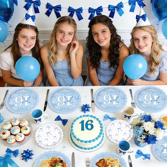 96Pcs Blue White Bow 16th Birthday Decorations for Girls Serves 24