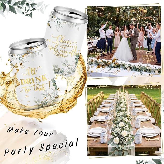 SiliFine 101 Pcs Eucalyptus Leaves Wedding Can Cooler Bulk Engagement Party Favors for 100 Guests Cheers to Love Laughter, and I'll Drink Can Cooler with Wooden Wedding Table Sign Bridal Shower Favor