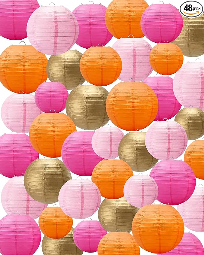 Treela 48 Pcs Paper Lanterns Party Decorations Chinese Round Paper Decor 4/6/8/10 Inch Asian Hanging Lamps Decorative for Birthday Party Wedding Bridal New Year Supplies(Gold,Orange)