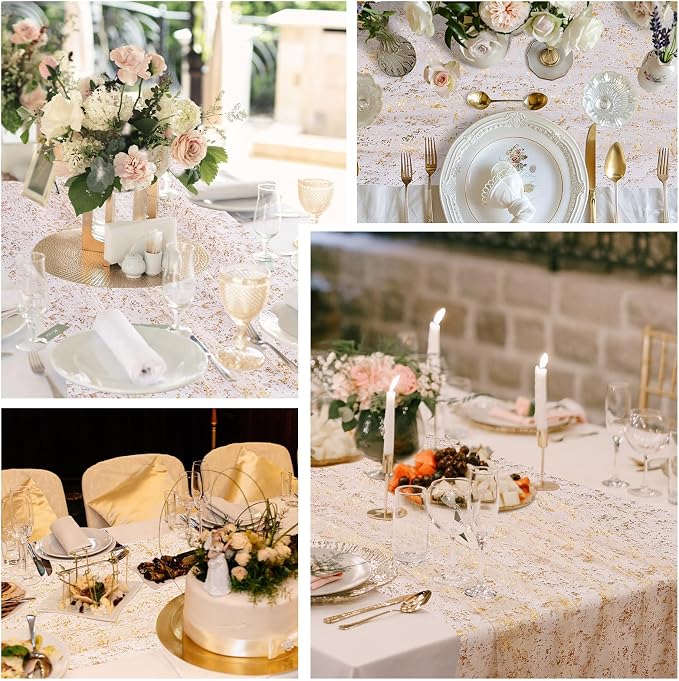 BINBE 1PCS Gold Table Runner 10Ft Gold Sheer Table Runner Chiffon Fabric Cheesecloth Sequin Glitter Table Runner for Wedding Birthday Bridal Shower Party Decor