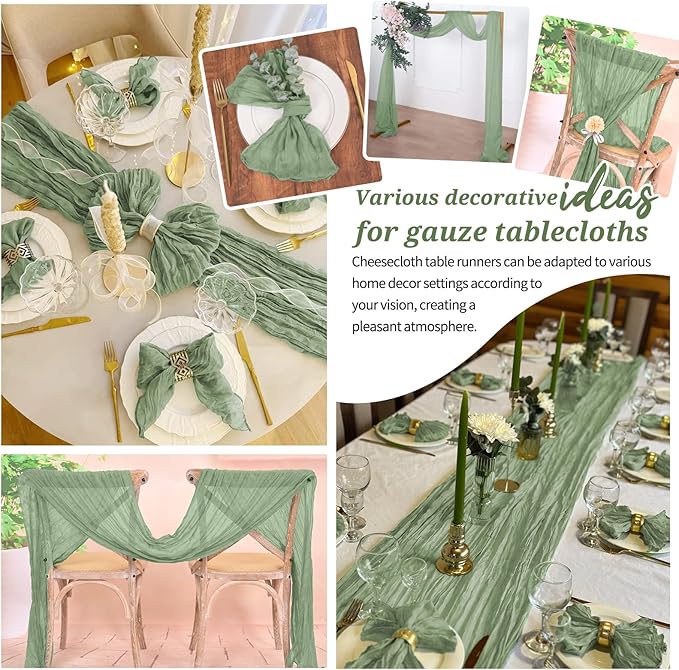 20 Pack Cheesecloth Table Runner Sage Green, Rustic Boho Gauze Fabric Table Runner Romantic Table Runner for Wedding, Festival, Birthday, Anniversary, Dinner and Outdoor Events (17.7 x 108 inch)