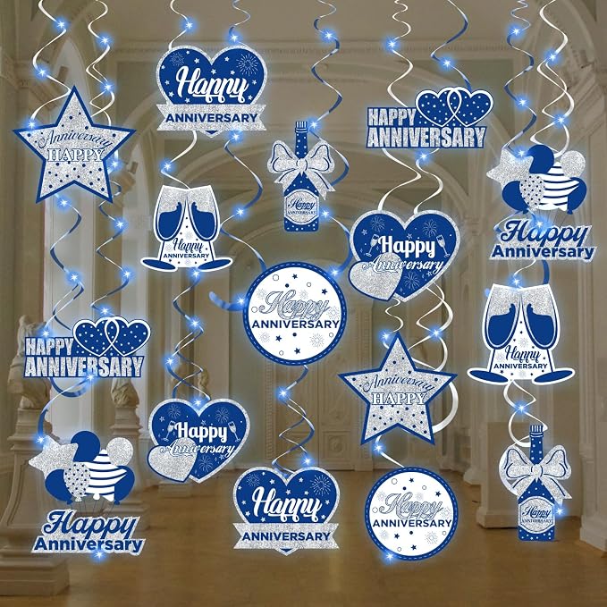Wedding Anniversary Party Decorations Hanging Swirls, 16Pcs Blue Silver Happy Anniversary Hanging Ceiling Swirls with LED Light for Men Women Anniversary, 25th 50th 60th Wedding Anniversary Party Decor