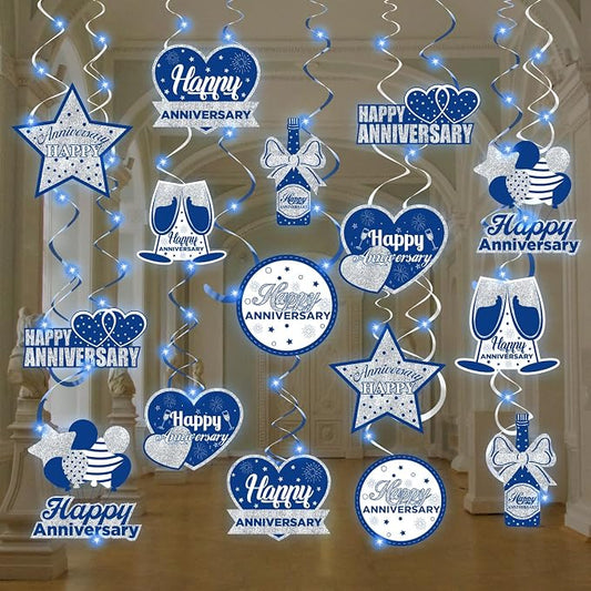 Wedding Anniversary Party Decorations Hanging Swirls, 16Pcs Blue Silver Happy Anniversary Hanging Ceiling Swirls with LED Light for Men Women Anniversary, 25th 50th 60th Wedding Anniversary Party Decor