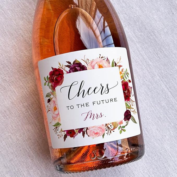 Cheers to The Future Mrs. - Bridal Shower Mini Champagne Bottle Labels, Waterproof Mini Wine Bottle Labels, Cheers to The Future Mrs, Bachelorette Party (Burgundy Floral, 6 Regular Bottle Labels)