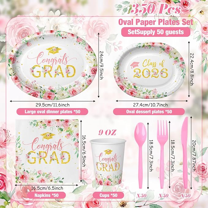 Pajean 350 Pcs Class of 2026 Floral Graduation Party Decorations 12 inch Disposable Pink Gold Floral Oval Plates Napkins Pink Heavy Duty Paper Tableware Set for 50 Guests Grad Party Supplies