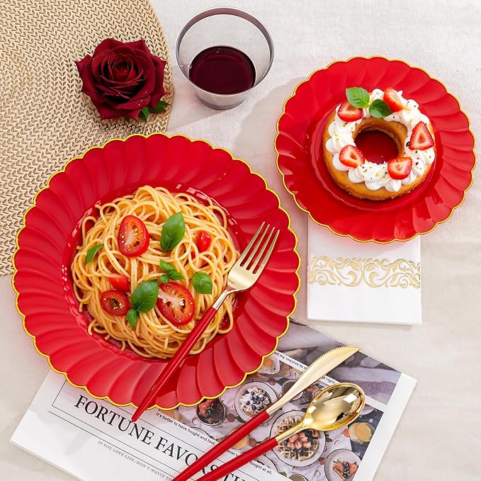 Ciaell 175 PCS Red Scalloped Plastic Plates with Gold Trim - Red Plastic Silverware with Handle - Fancy High-End Dinnerware Sets for Wedding & Party