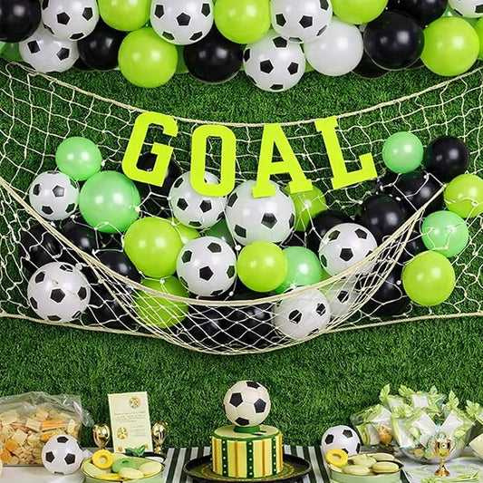 Soulchen 63 Pcs Soccer Party Decorations Including 1 Goal Banner 2 Natural Decorative Fish Net 60 Balloons for Soccer Theme Birthday Party Supplies