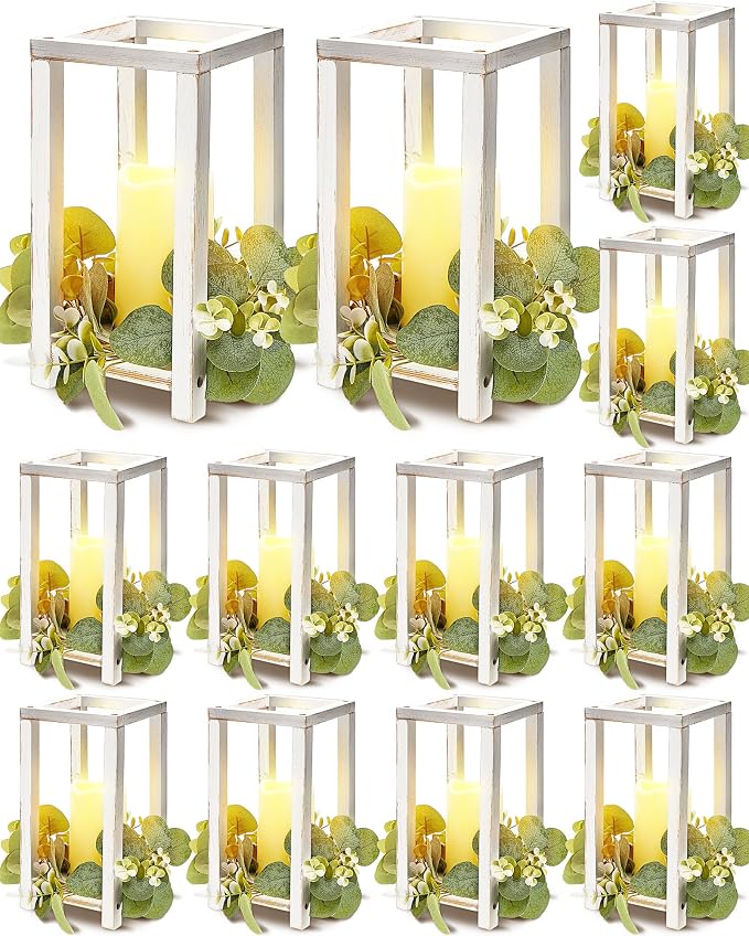 Huquary 24 Pcs/12 Set Wooden Wedding Lantern Centerpiece Rustic Lantern Candle Holders with Flameless LED Candles for Home Christmas Wedding Party Table Decoration(White)