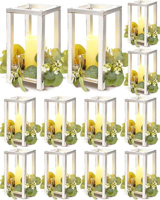 Huquary 24 Pcs/12 Set Wooden Wedding Lantern Centerpiece Rustic Lantern Candle Holders with Flameless LED Candles for Home Christmas Wedding Party Table Decoration(White)