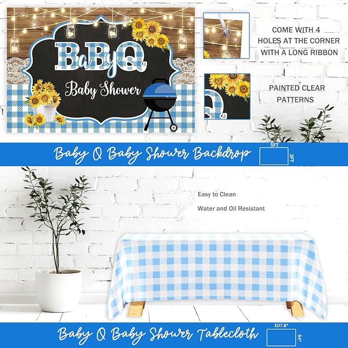 Baby Q Baby Shower Decorations for Boys, 128 PCs - BBQ Baby Shower Party Supplies with Blue Babyq Backdrop, Balloon Garland, Gingham Tablecloth, Cake Topper