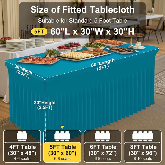 Smiry Spandex Tablecloth, Elastic Fitted Stretch Tablecloth for 5FT Rectangle Tables, Waterproof Washable Table Cover Skirt for Outdoor, Wedding, Banquet & Parties (Turquoise, 60Lx30Wx30H Inch)