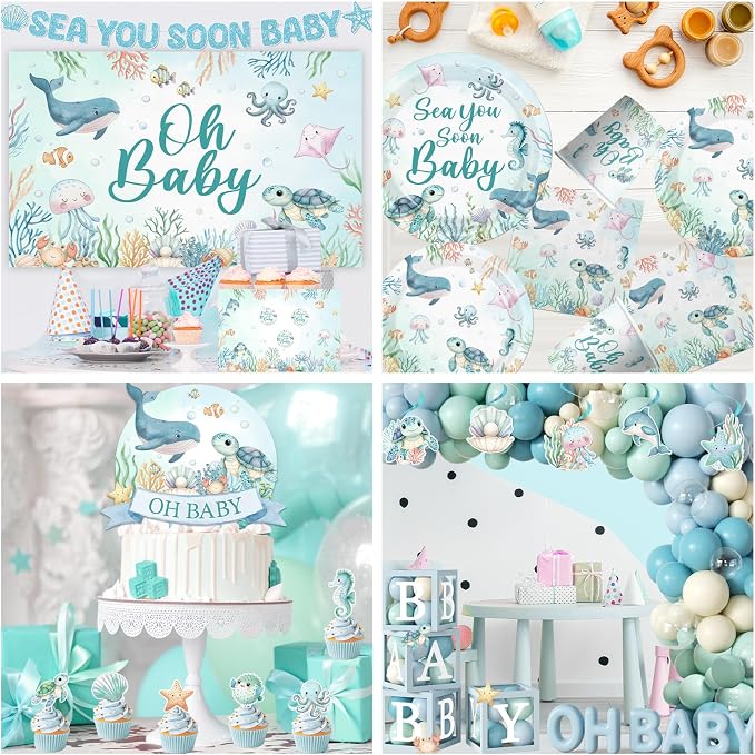 Sea You Soon Baby Shower Decorations, Under The Sea Party Decorations with Oh Baby Backdrop Banner Plates Napkins Ocean Tablecloth Balloon Arch Box for 1st Boy Birthday Party