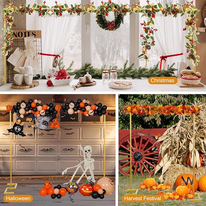 8.2FT Square Arch Backdrop Stand,Metal Gold Backdrop Stand Heavy Duty Adjustable,Extra 2 Clamps Change Over The Table Rod Stand,Wedding Balloon Arch Stand for Valentine Parties Decoration