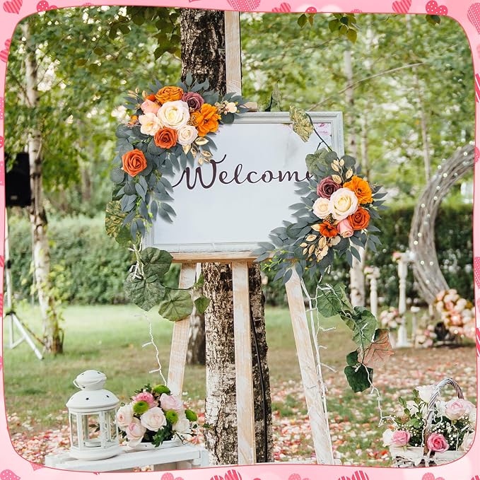 2 Pcs Wedding Arch Decorations - Reusable Artificial Hanging Flowers Floral Swag Greenery Garland for Wedding Welcome Sign Backdrop Bridal Ceremony Reception Backdrop Decoration(Orange)