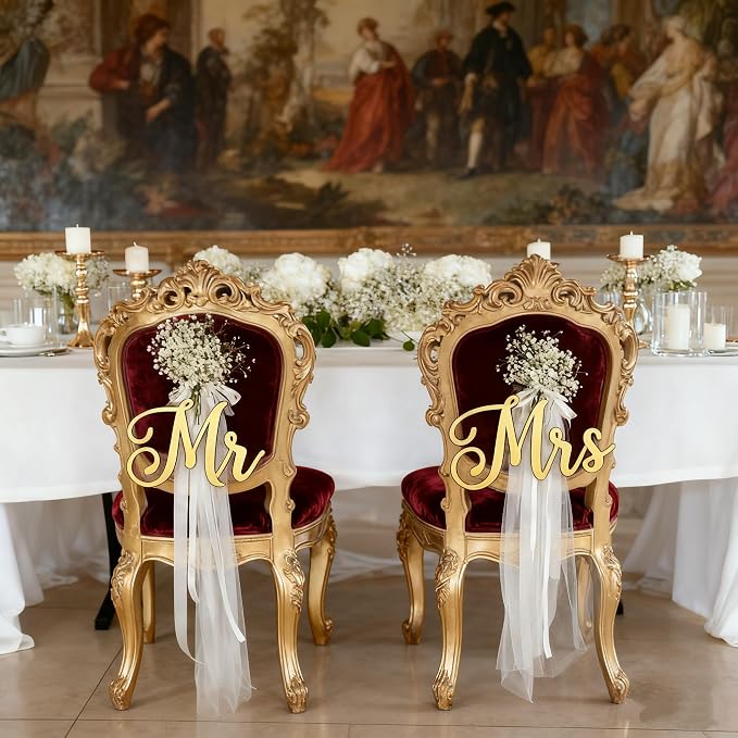 Mr & Mrs Sign for Wedding Chair Decor, Acrylic Gold Mr and Miss Sign,Photo Props, Freestanding Wedding Centerpiece Chair Letters Wedding Decorations for Anniversary,Engagement,Party (Gold, 0.2'')