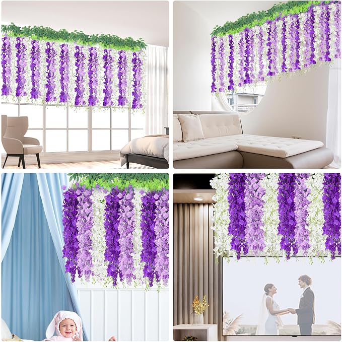 LELEE 25 Pcs Artificial Wisteria Hanging Flowers 3.6ft Purple&Lavender&White Fake Hanging Flowers Garland Silk Flowers Rattan String Faux Wisteria Vine for Wall Wedding Party Arch Greenery Backdrop