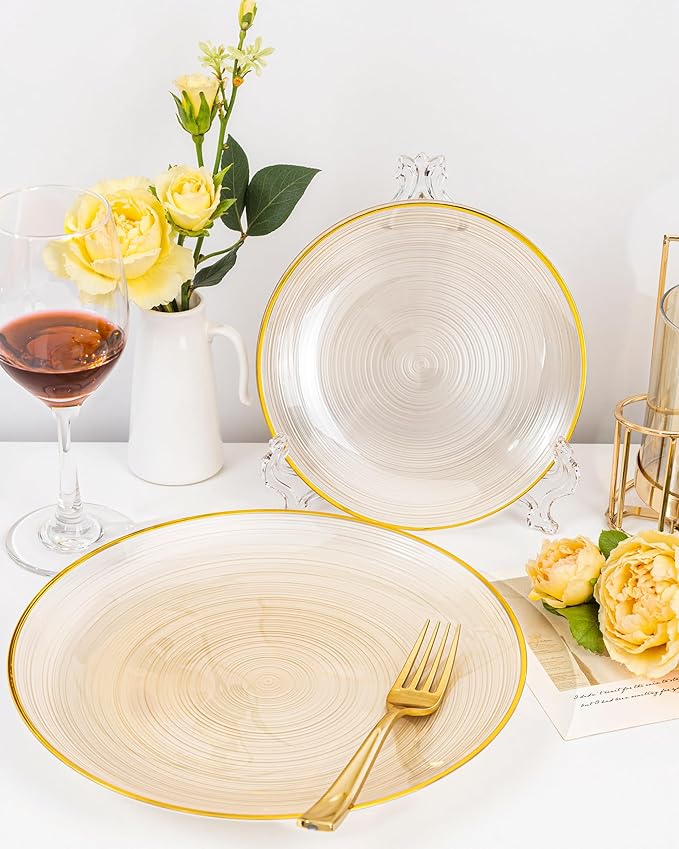 Morejoy 175PCS Clear Brown Plastic Plates - Disposable Gold Party Plates & Pre Rolled Napkins with Cutlery for 25 Guests, 50Plates, 75Silverware, 25Cups, 25Napkin for Party & Christmas