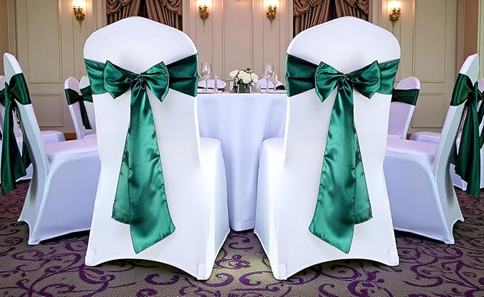 MDS Satin Chair Sashes, 125 Pack, 7”x108” Each, Decorative Chair Bows Ribbon Tie Backs for Wedding Party, Holiday Dinner, Birthday, Reception, Banquet, Hotel & Event Decoration - Hunter Green
