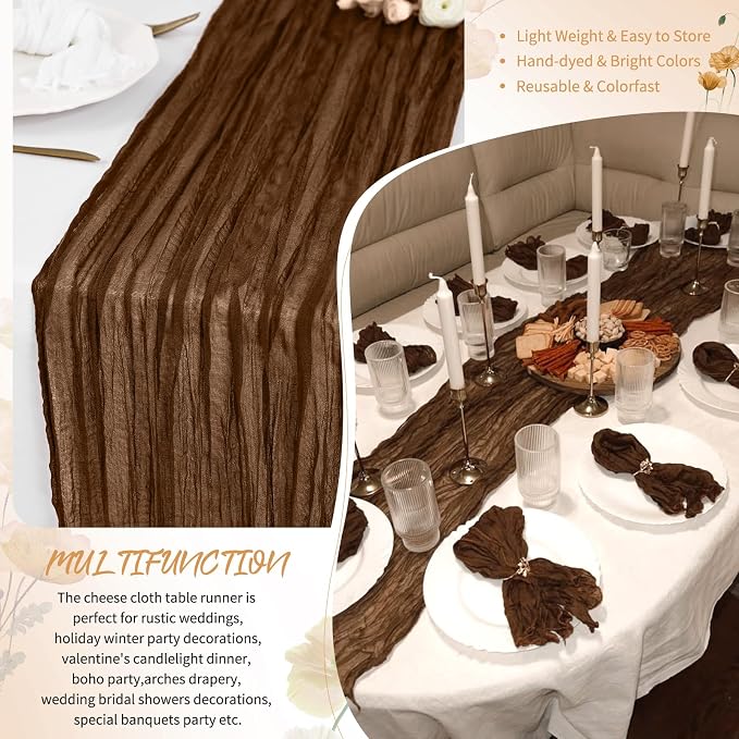 18 Pack Brown Cheesecloth Table Runner 17 x 108 inch Boho Gauze Table Runner Rustic Sheer Cheese Cloth Table Decorations for Wedding Party Baby Bridal Shower Birthday Holiday Home